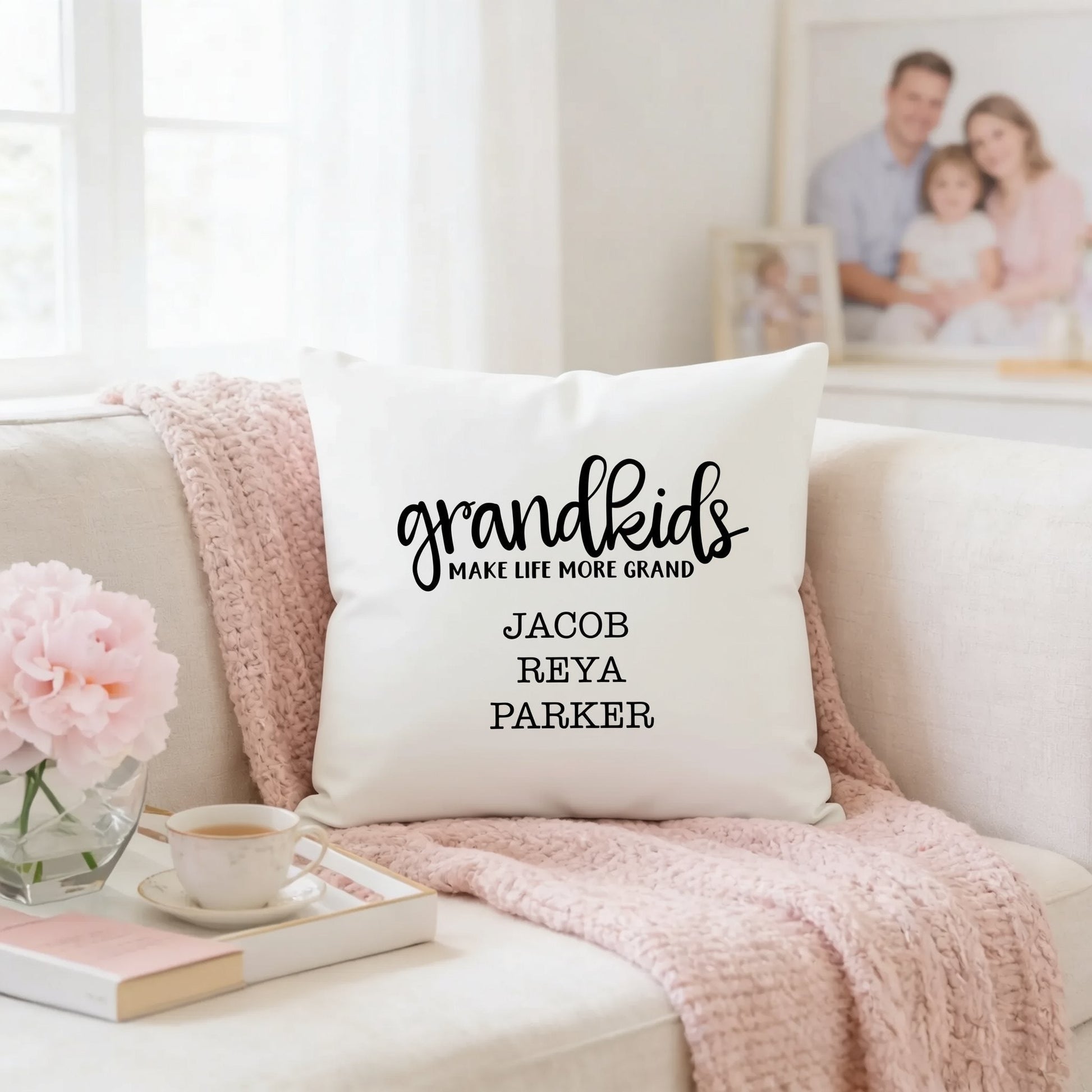 Personalized Pillow Cover - Grandkids Make Life Grand - Christmas Gift for Grandma - Throw Pillow Personalized with Grandchildrens Names Joyful Moose