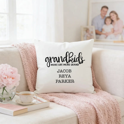 Personalized Pillow Cover - Grandkids Make Life Grand - Christmas Gift for Grandma - Throw Pillow Personalized with Grandchildrens Names Joyful Moose
