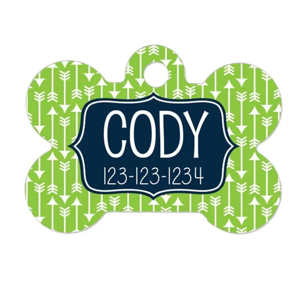 Arrow Dog Name Tag - Lime Green Navy Blue Joyful Moose