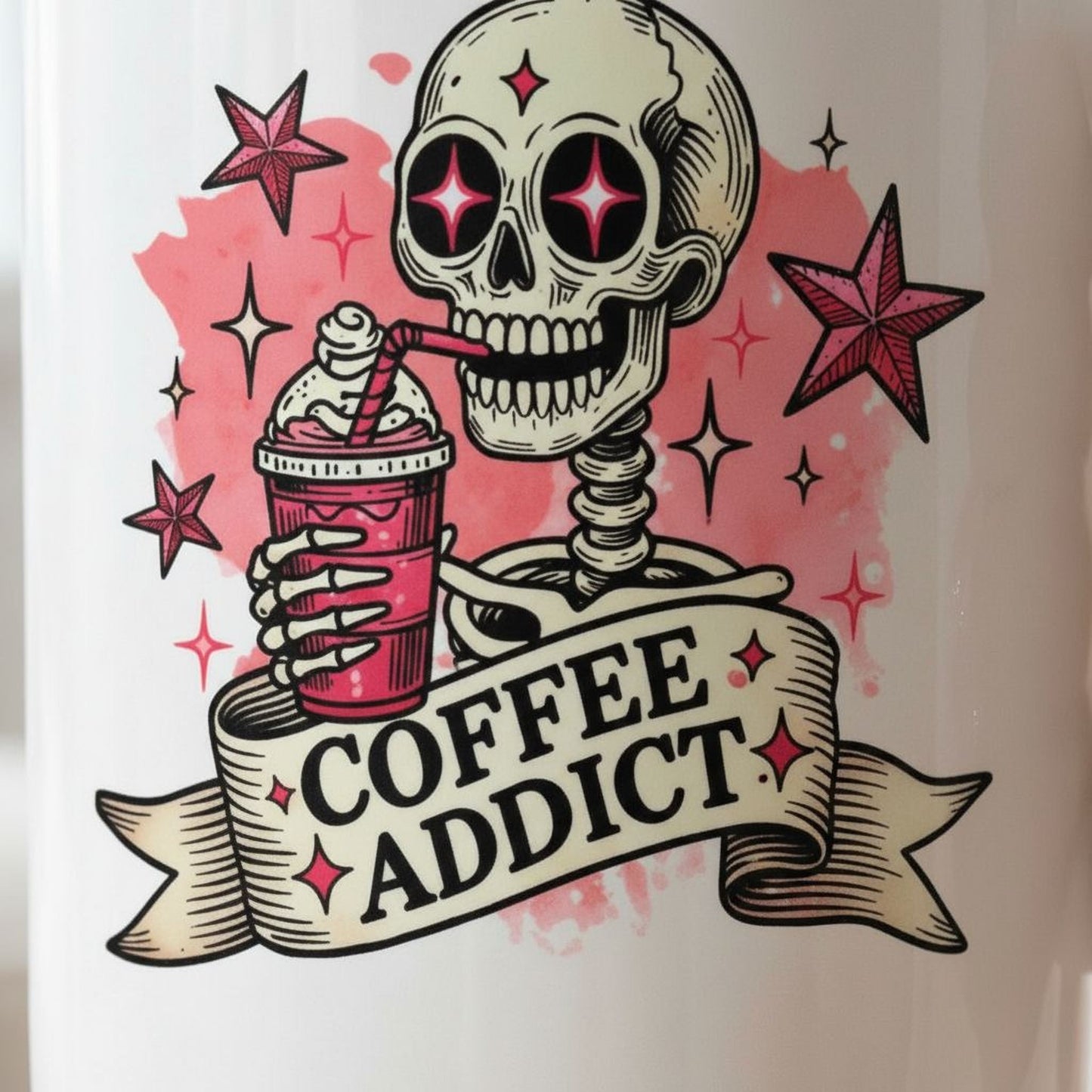 Coffee Addict Mug – Pink Skull Coffee Cup | Funny Caffeine Lover Gift, Ceramic, Dishwasher Safe Joyful Moose
