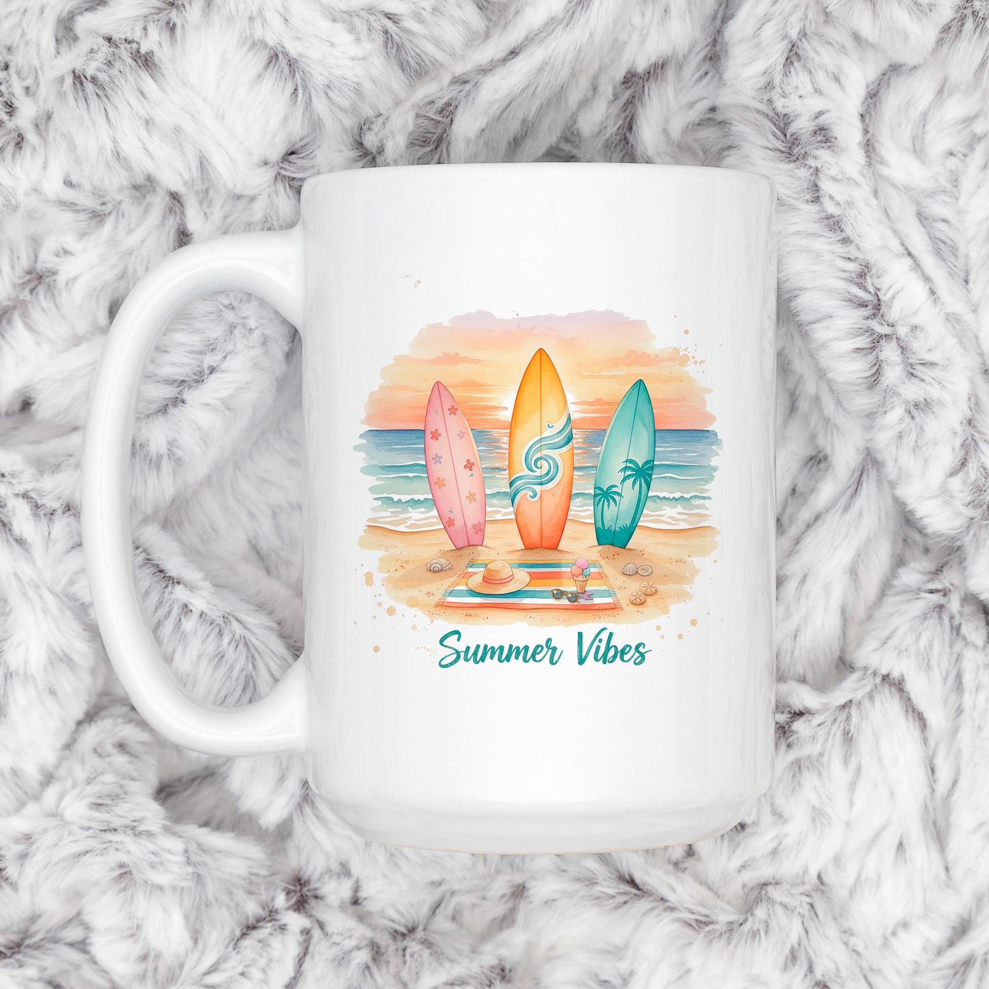 Summer Vibes Mug – Coastal Coffee Cup With Surfboard Art And Ocean Sunset Design Joyful Moose