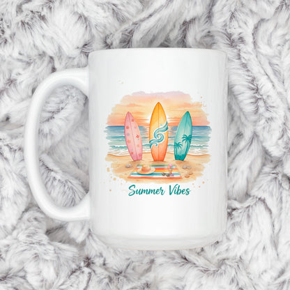Summer Vibes Mug – Coastal Coffee Cup With Surfboard Art And Ocean Sunset Design Joyful Moose