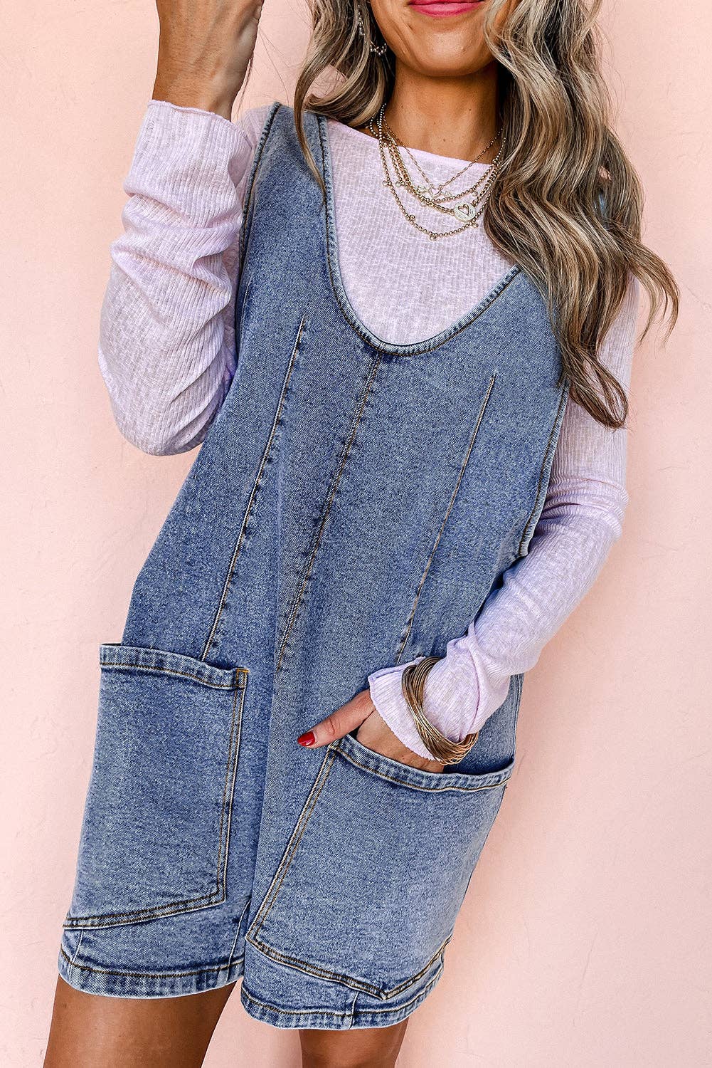 Denim Sleeveless Patched Pocket Romper Thread & Co. Boutique, LLC