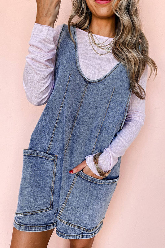 Denim Sleeveless Patched Pocket Romper Thread & Co. Boutique, LLC