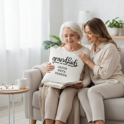 Personalized Pillow Cover - Grandkids Make Life Grand - Christmas Gift for Grandma - Throw Pillow Personalized with Grandchildrens Names Joyful Moose