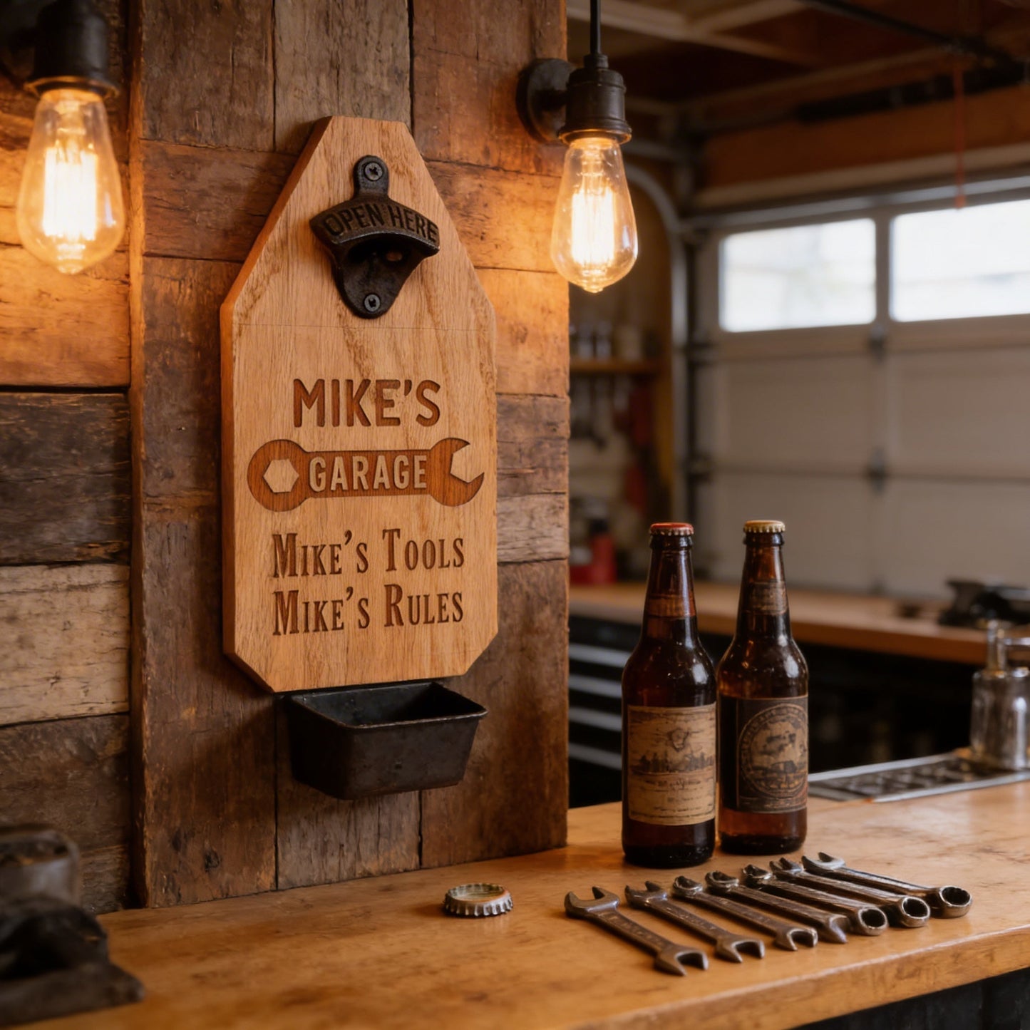 Custom Garage Sign – Personalized Wood Sign with Rustic Bottle Opener & Workshop Wall Art Joyful Moose