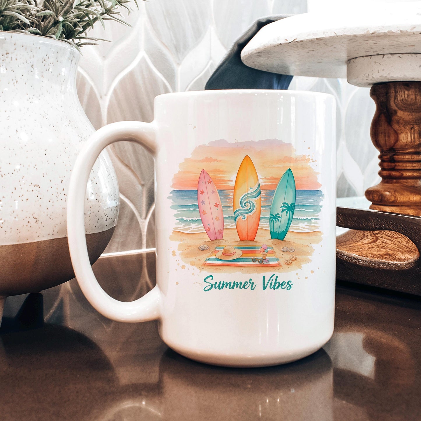 Summer Vibes Mug – Coastal Coffee Cup With Surfboard Art And Ocean Sunset Design Joyful Moose