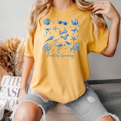 Beach Graphic Tee – Blue Beach Icons, Relaxed Unisex Fit Summer Shirt Joyful Moose