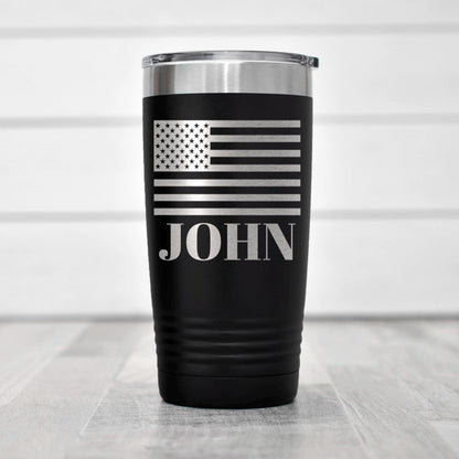 Personalized Flag Tumbler - Patriotic Water Bottle with Custom Name, Insulated Stainless Steel Joyful Moose