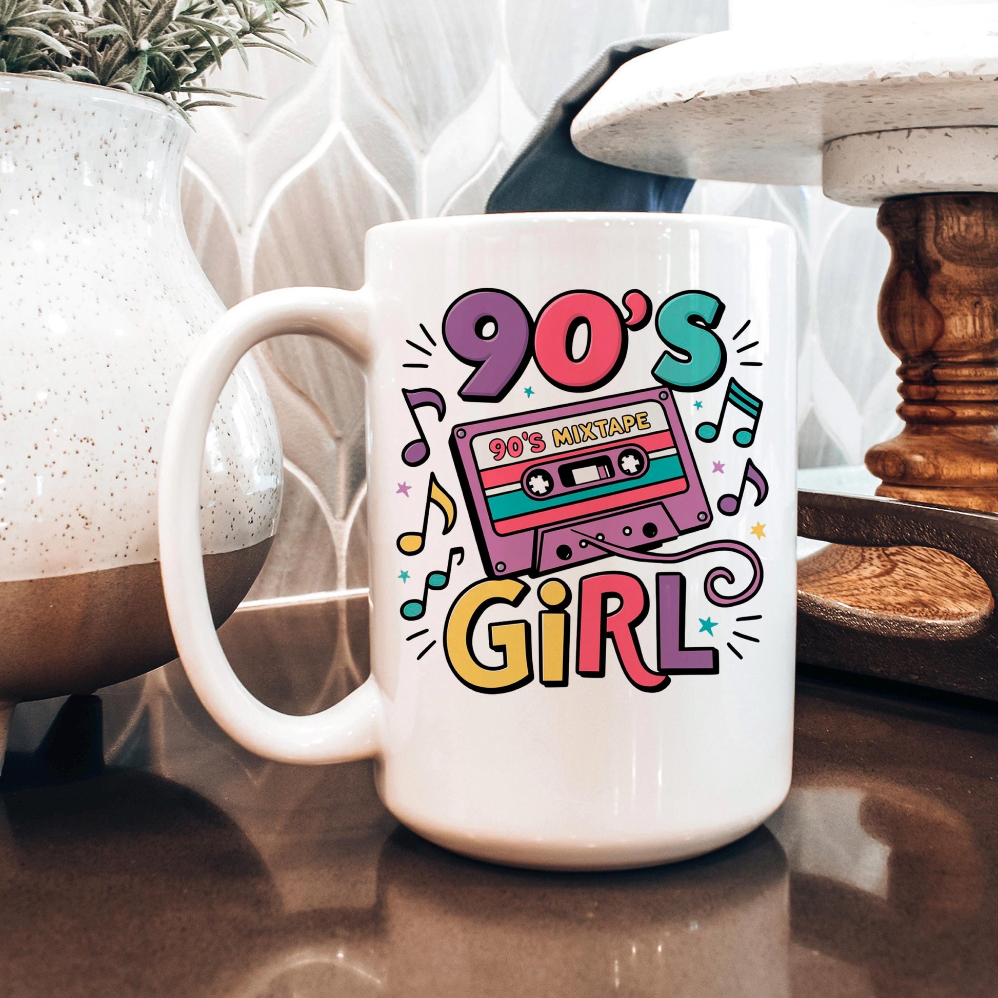 90s Girl Coffee Mug – Retro Cassette Tape Design | Microwave Safe Ceramic Cup Joyful Moose