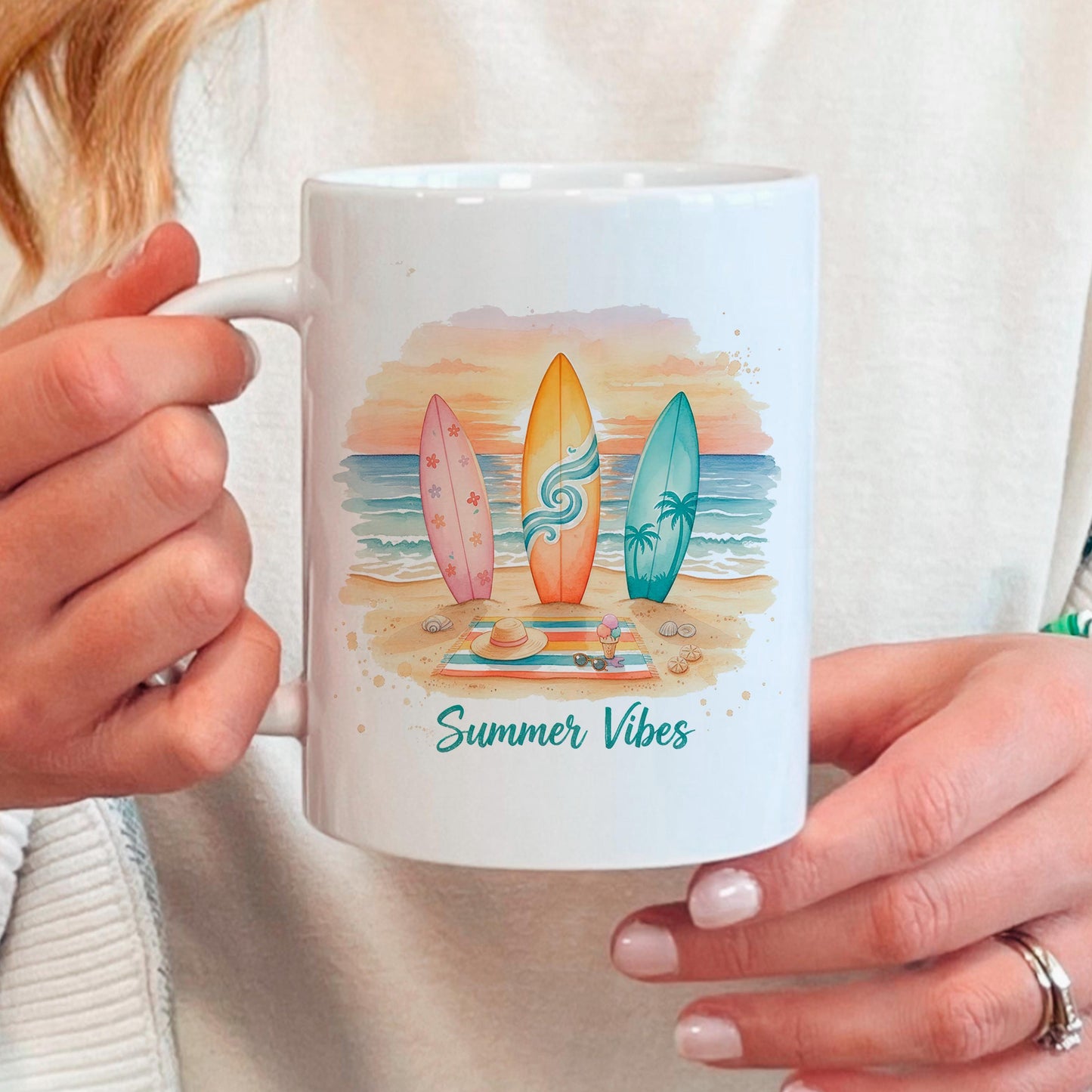 Summer Vibes Mug – Coastal Coffee Cup With Surfboard Art And Ocean Sunset Design Joyful Moose