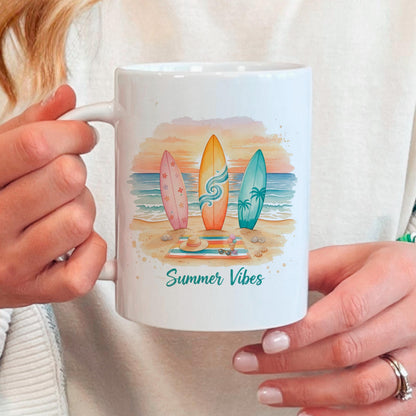 Summer Vibes Mug – Coastal Coffee Cup With Surfboard Art And Ocean Sunset Design Joyful Moose