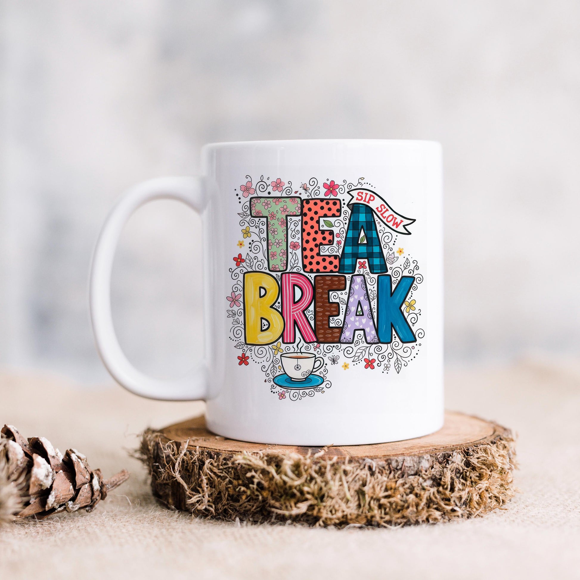Tea Break Mug - Cozy Coffee Cup With Colorful Floral Design | Relaxation Gift Joyful Moose