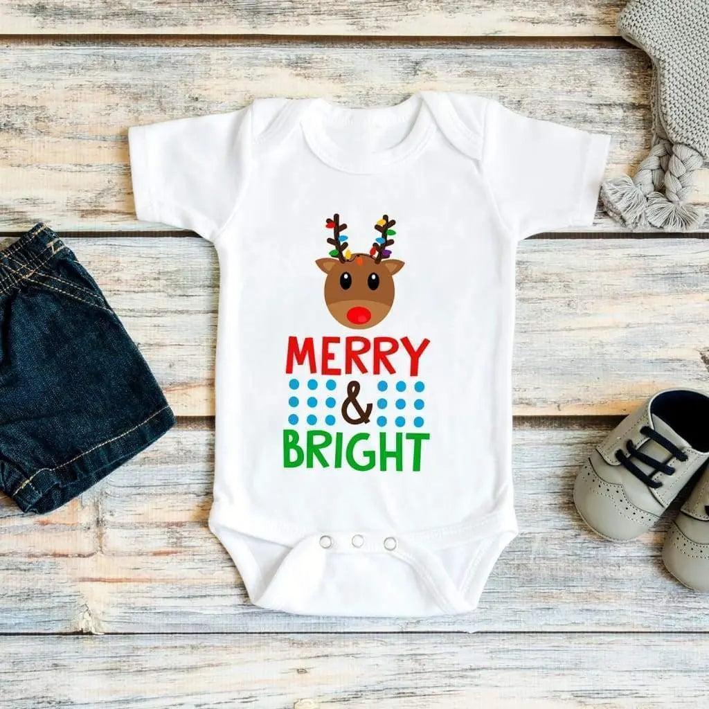 Baby Bodysuit - Baby Shower Gift - Christmas Reindeer Merry & Bright Joyful Moose