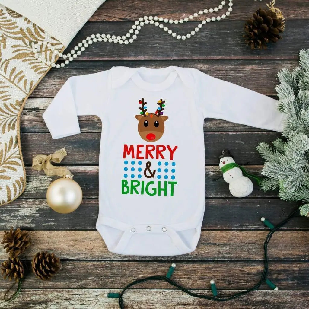 Baby Bodysuit - Baby Shower Gift - Christmas Reindeer Merry & Bright Joyful Moose