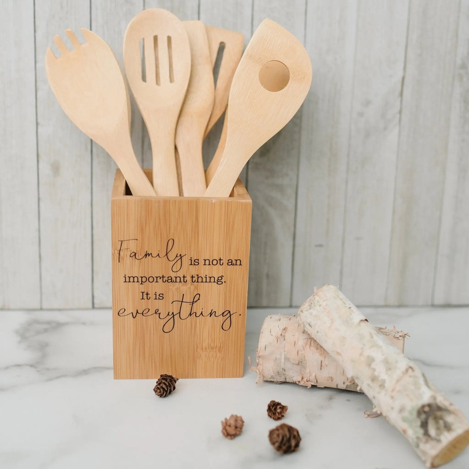 Bamboo Kitchen Utensil Holder, Kitchen Decor with Family Quote, Housewarming Gifts, Christmas Gift for Mom, Birthday Gifts for Mother Joyful Moose