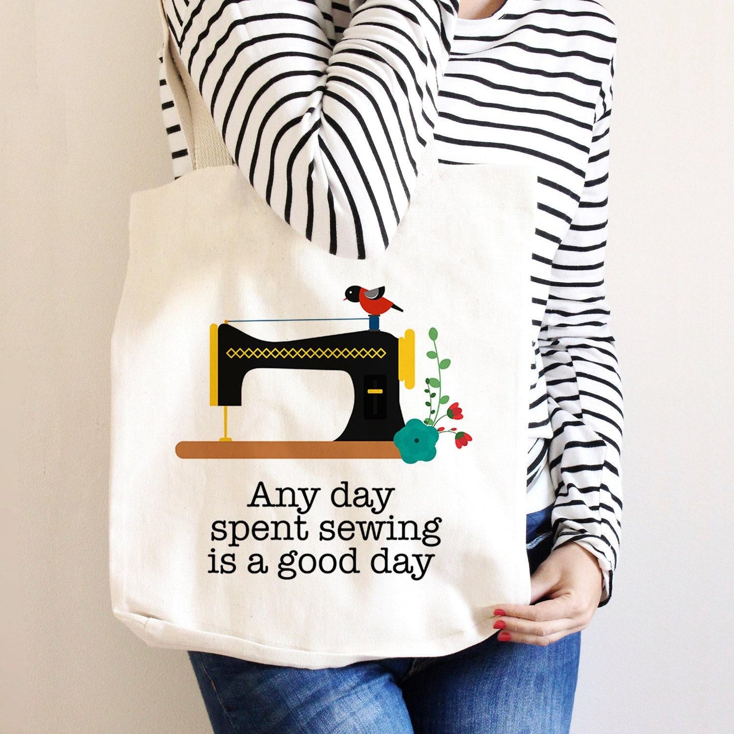 Vintage Sewing Tote - Durable Canvas Tote Bag with Reinforced Bottom & Spacious Design Joyful Moose