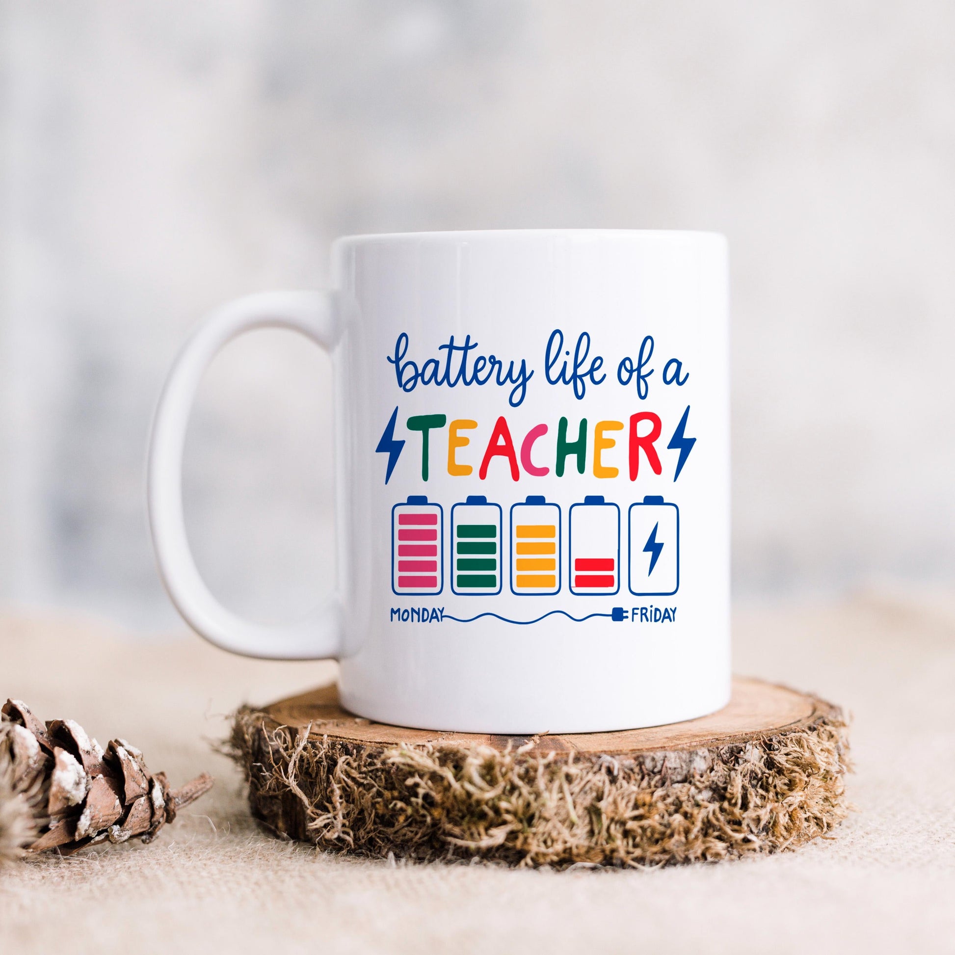 Funny Teacher Mug - Colorful Battery Graphic Ceramic Coffee Cup | Teacher Appreciation Gift Joyful Moose