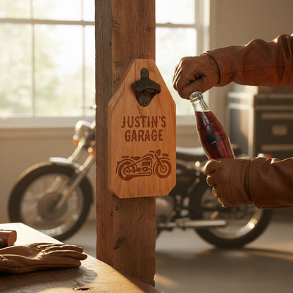 Personalized Motorcycle Wood Sign - Motorcycle Gift for him - Rustic Beer Bottle Opener Joyful Moose
