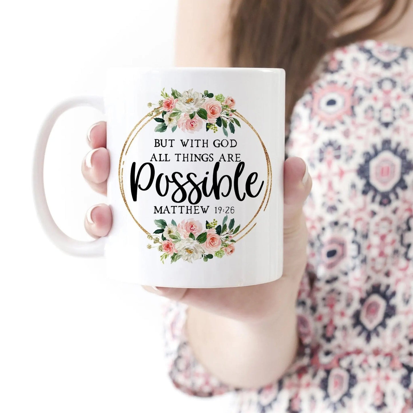Bible Verse Coffee Mug, Christian Floral Glitter Scripture Ceramic Mug, With God All Things Are Possible Joyful Moose