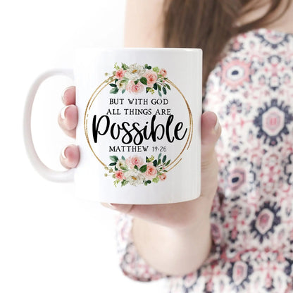 Bible Verse Coffee Mug, Christian Floral Glitter Scripture Ceramic Mug, With God All Things Are Possible Joyful Moose