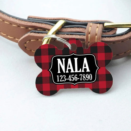 Pet ID Tag - Red Black Buffalo Plaid Custom Dog Name Tag Joyful Moose