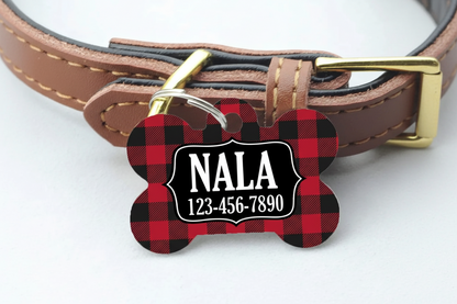 Pet ID Tag - Red Black Buffalo Plaid Custom Dog Name Tag Joyful Moose