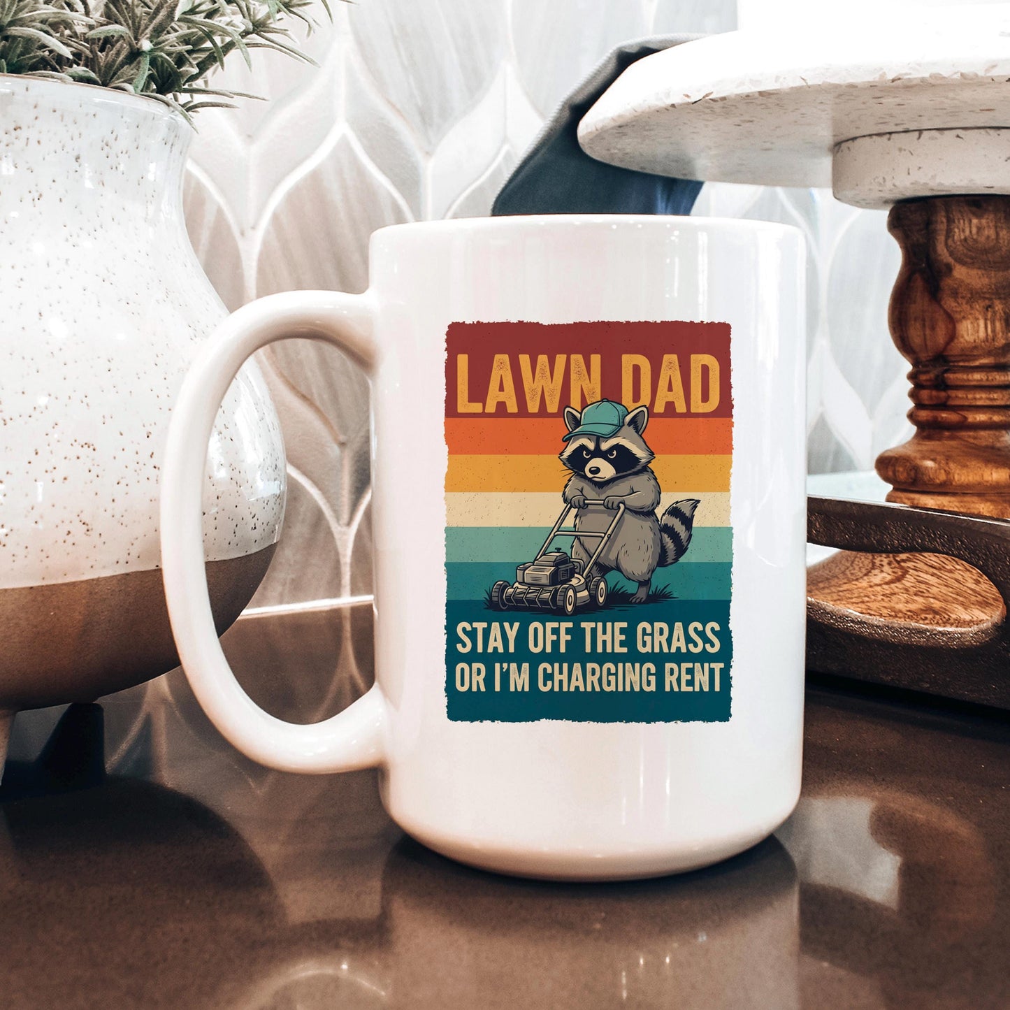 Funny Dad Mug - Vintage Raccoon Coffee Cup | Lawn Care Gift, Dad Humor Present Joyful Moose