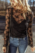 Apricot Lace Mesh Crochet Splicing Slim Fit Long Sleeve Blouse Thread & Co. Boutique, LLC