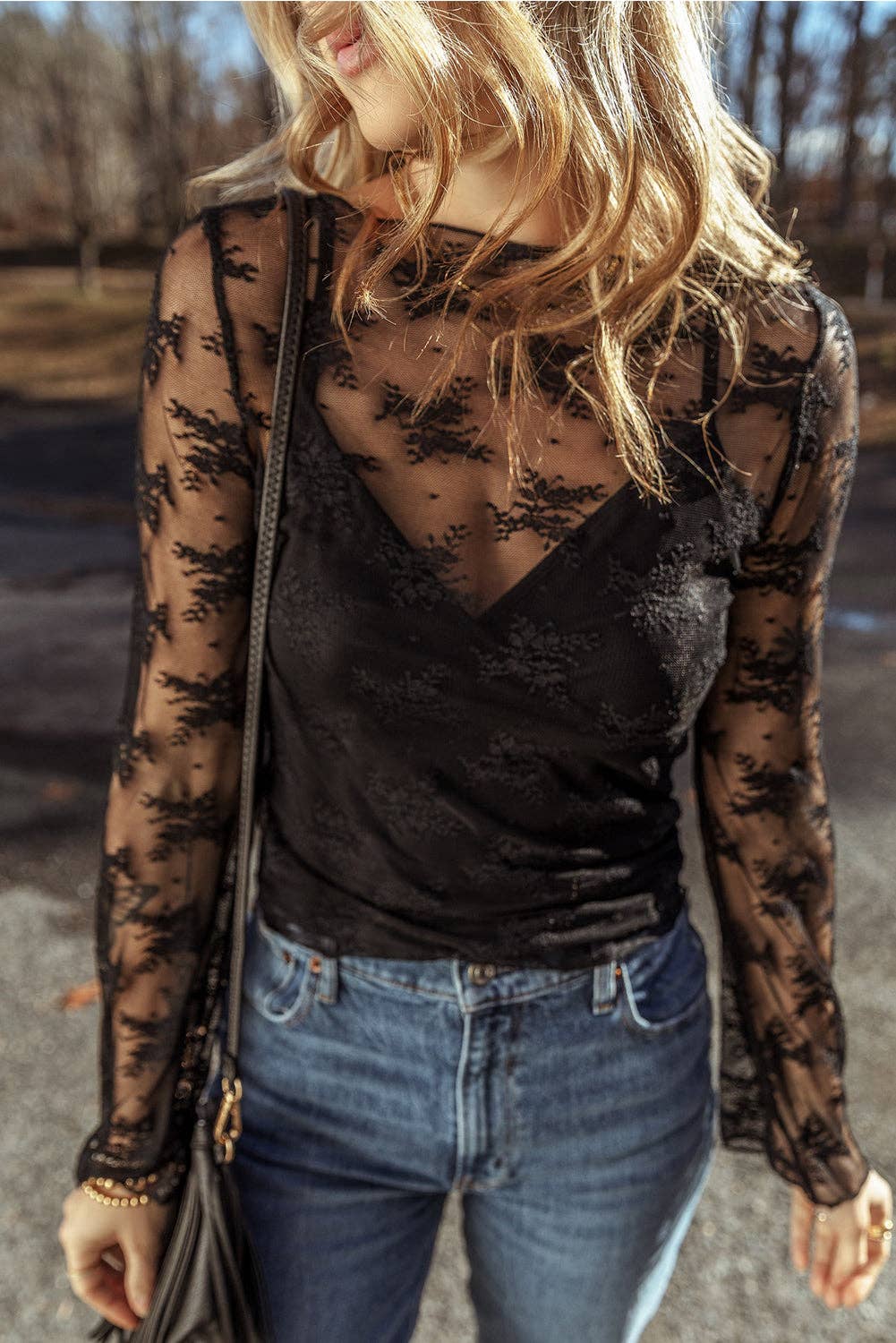 Apricot Lace Mesh Crochet Splicing Slim Fit Long Sleeve Blouse Thread & Co. Boutique, LLC