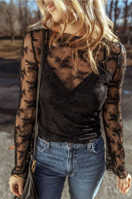 Apricot Lace Mesh Crochet Splicing Slim Fit Long Sleeve Blouse Thread & Co. Boutique, LLC