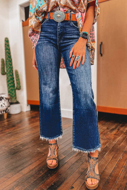 Sail Blue Mineral Wash Raw Hem High Waist Flared Jeans Thread & Co. Boutique, LLC