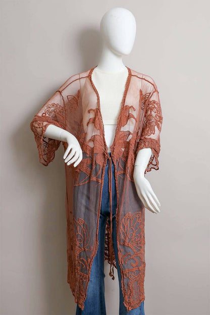 Embroidered Butterfly Lace Front-Tie Kimono Wild Cactus Boutique