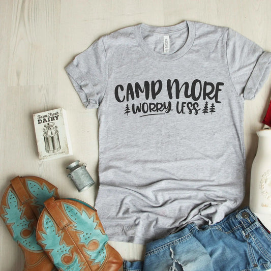 Camp More Worry Less T-shirt, Camping tshirt women, Camping shirt, womens tshirt, Summer mens tshirt, unique camping gifts Joyful Moose
