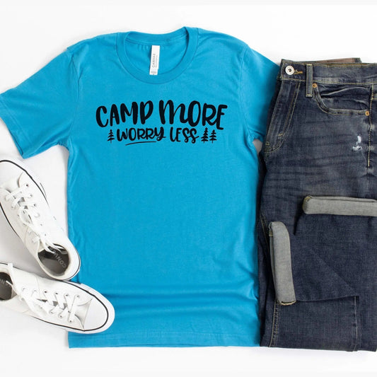 Camp More Worry Less T-shirt, Camping tshirt women, Camping shirt, womens tshirt, Summer mens tshirt, unique camping gifts Joyful Moose