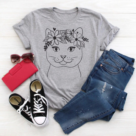Cute Cat with flowers tshirt, cat lover tshirt Joyful Moose