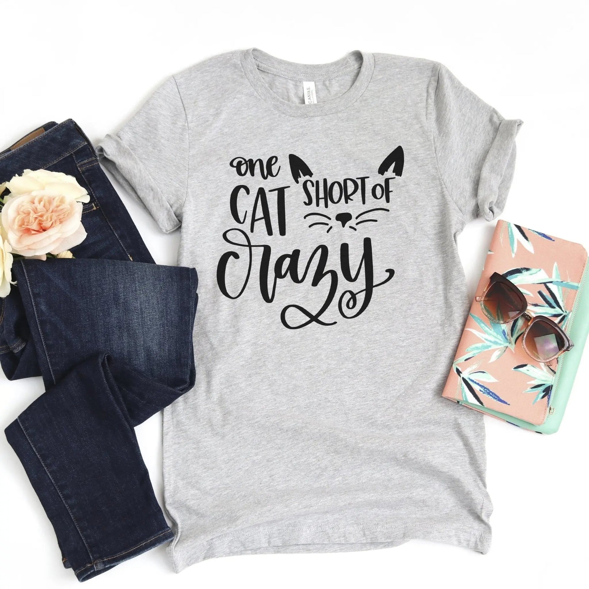 cat tshirt, One Cat Short of Crazy T-shirt, cat tshirts women, cat woman tshirt Joyful Moose