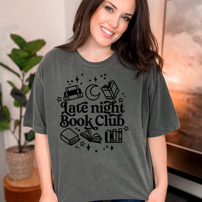 Late Night Book Club Tee – Cozy Reading Graphic Shirt | Vintage Bookish Apparel Joyful Moose