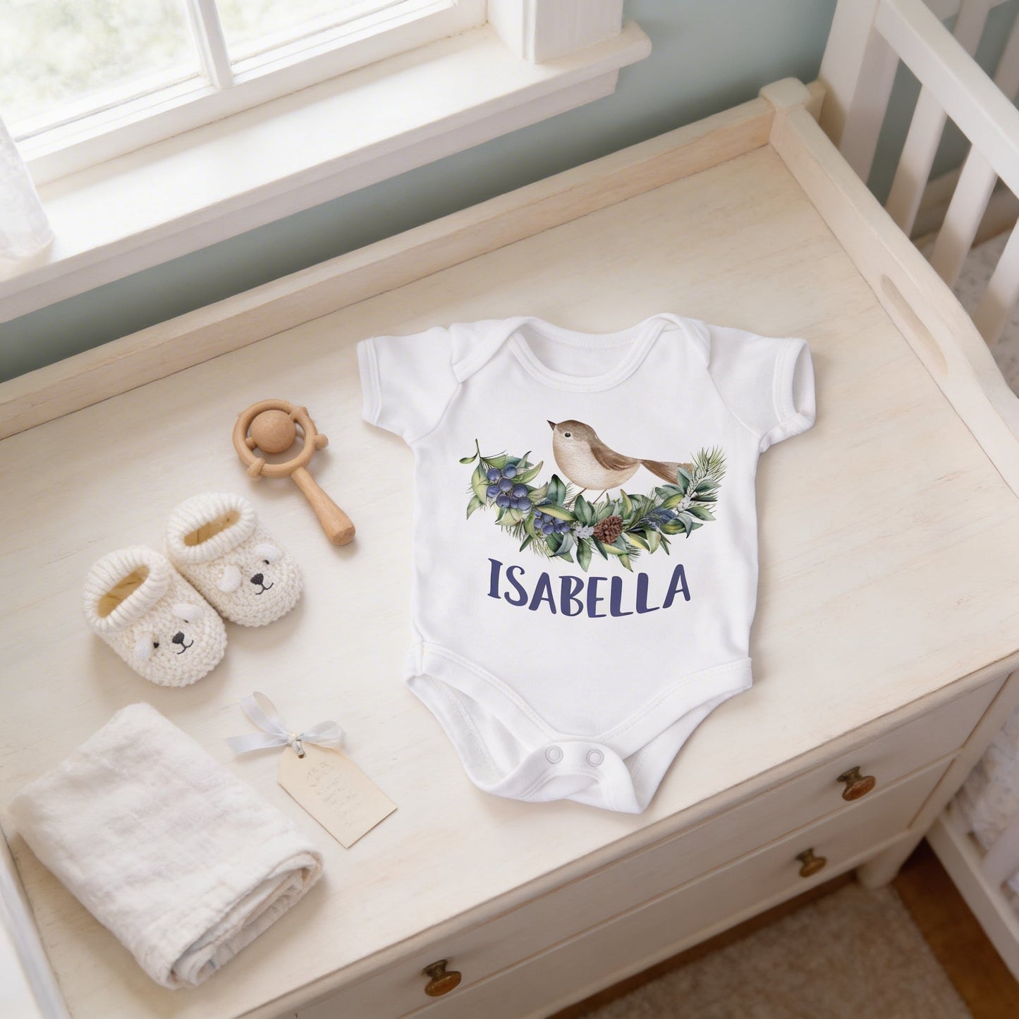 Personalized baby girl outfit, Baby Girl Bodysuit, Custom Baby Shower Gift, baby shower girl, woodland baby shirt spring greenery outfit Joyful Moose