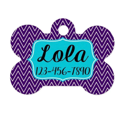 Chevron Personalized Bone Dog Tag - Purple Turquoise Joyful Moose