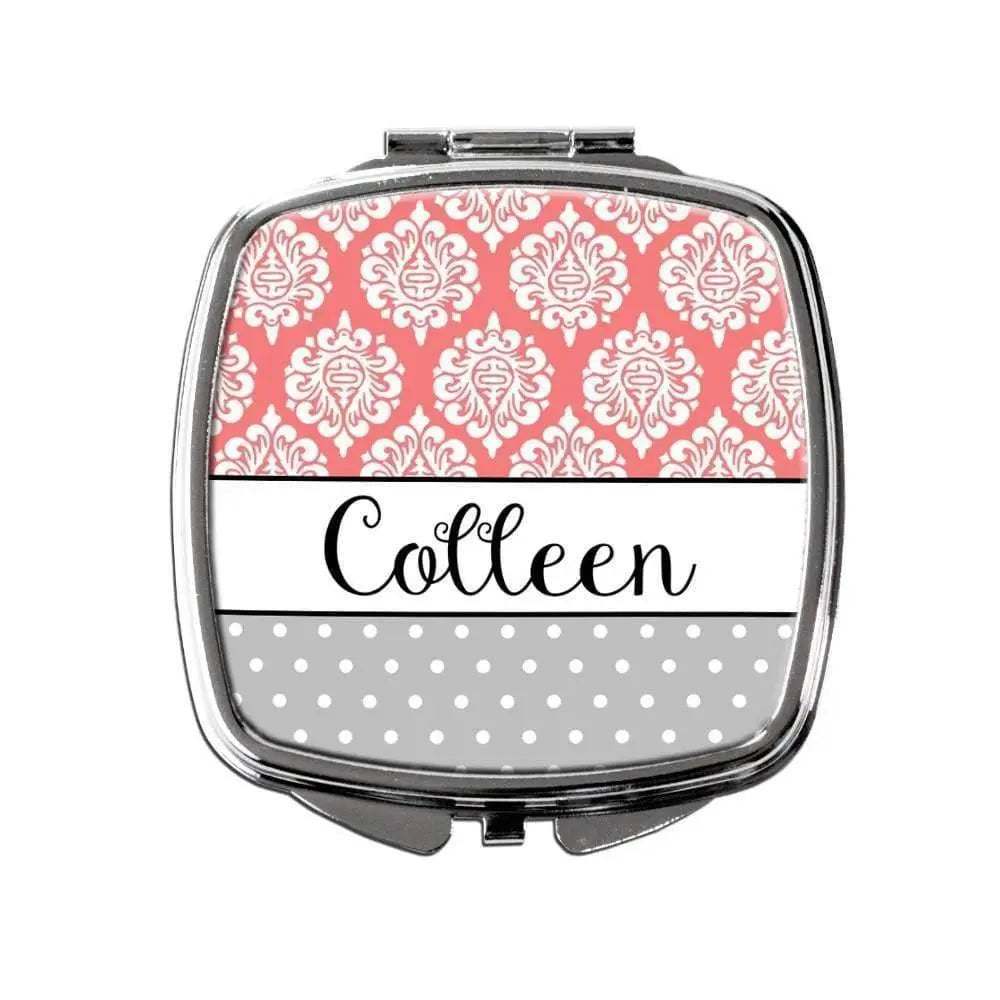Coral & Gray Personalized Bridesmaids Gift Purse Mirror Joyful Moose