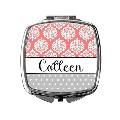 Coral & Gray Personalized Bridesmaids Gift Purse Mirror Joyful Moose