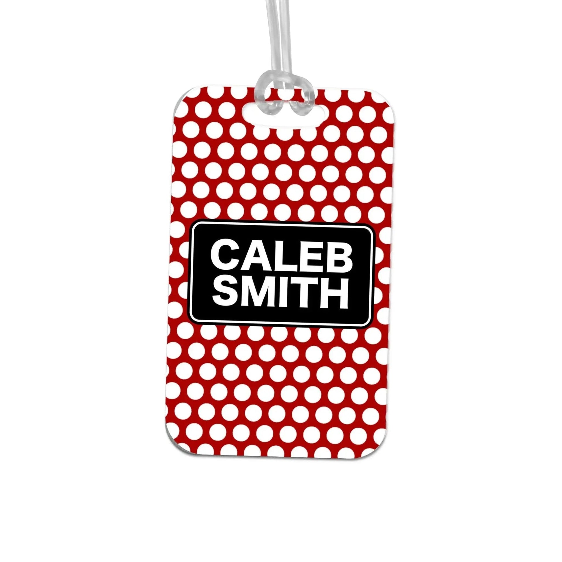 Custom Bag Tag - Backpack Name Tag - Personalized Back to School Red Navy Polka Dots Joyful Moose