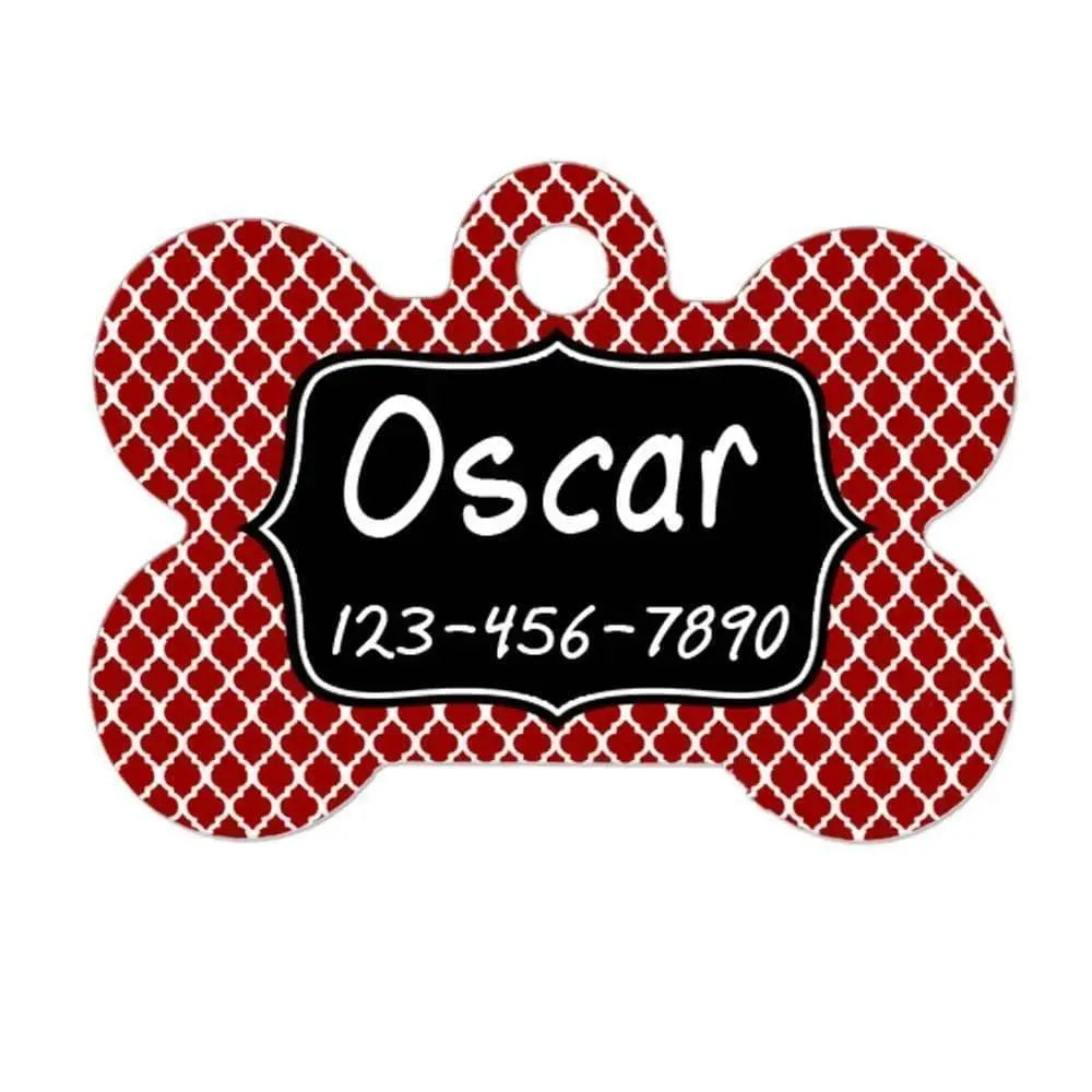 Custom Pet Tag - Pet ID Tag - Custom Dog Tag - Custom Pet ID Tag - Red Black Quatrefoil Joyful Moose