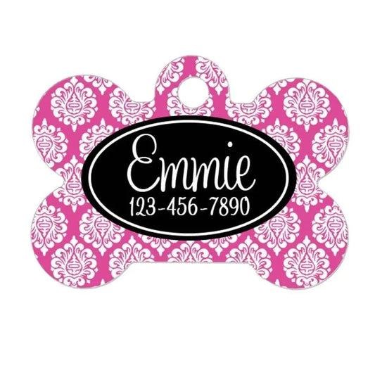 Custom Pet Tags - Custom Pet ID Tag - Custom Pet Name Tags - Black Pink Damask Pet Tags Joyful Moose