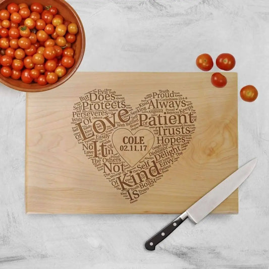 Cutting Board Wedding Gift - Love is patient Love is kind - Heart Personalized Cutting Board Joyful Moose