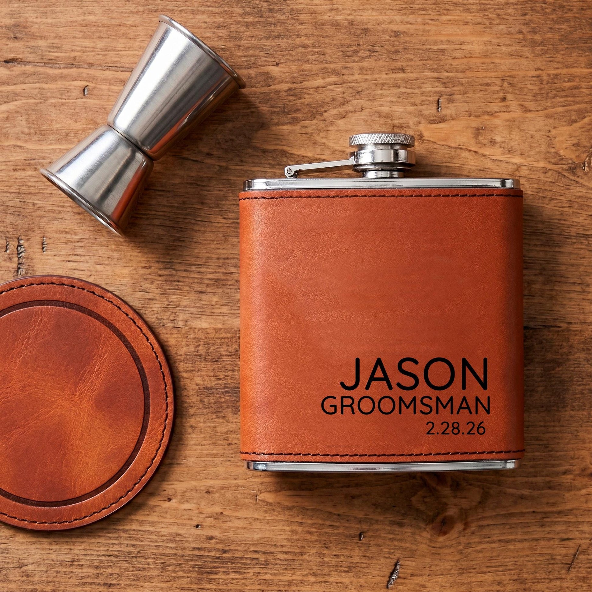 Leather Flask - Custom Engraved Stainless Steel Flask With Durable Leather Sleeve Joyful Moose