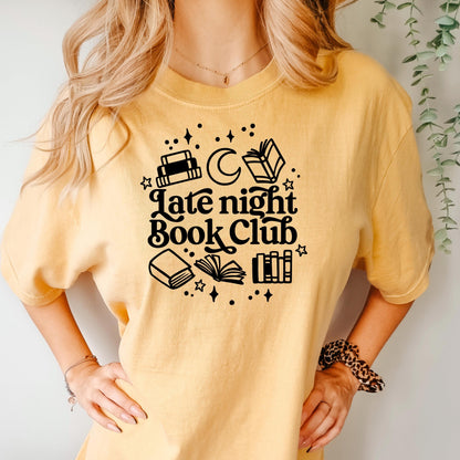 Late Night Book Club Tee – Cozy Reading Graphic Shirt | Vintage Bookish Apparel Joyful Moose