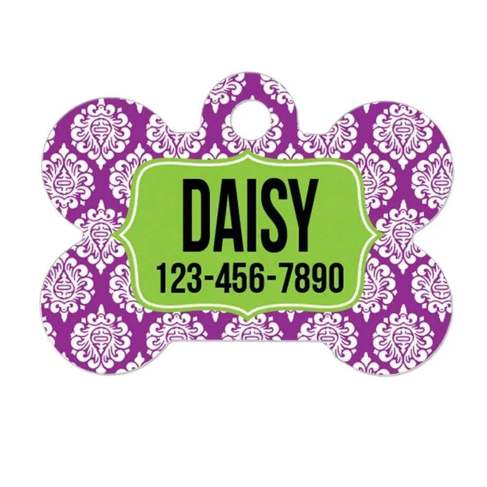 Damask Dog Bone Tag - Personalized Dog Tag - Custom Dog Tag - Purple Damask Dog Tag Joyful Moose