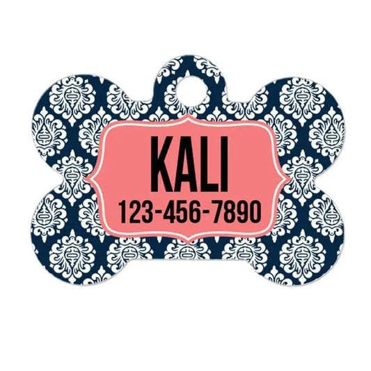 Damask Navy Coral Dog ID Tag - Personalized Bone Dog Tag Joyful Moose
